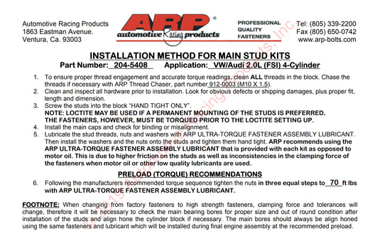 ARP EA888 Gen1/2/3/ EA113 Kit de pino principal VW/Audi 2.0L (FSI) Kit de 4 cilindros